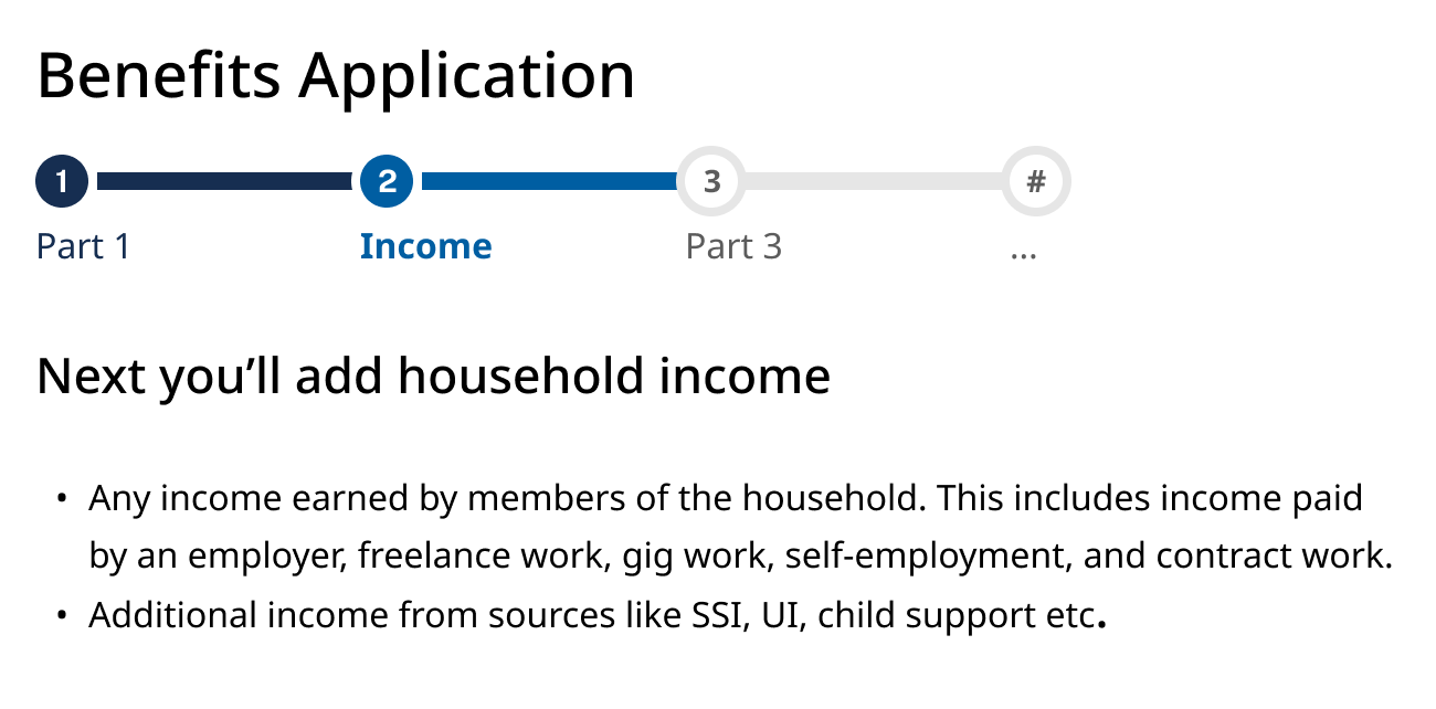 Application progress bar and content indicating all income questions are in the current section of the application.